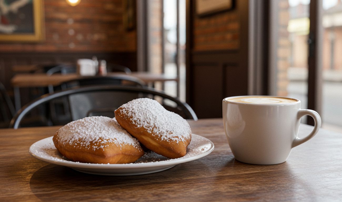 Beignets and cafe au lait at a restaurant in New Orleans.