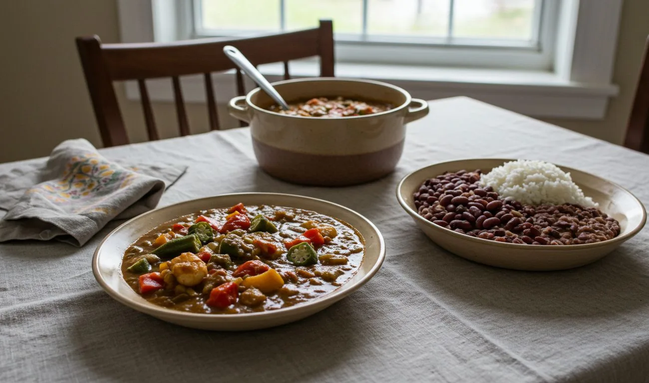 A table with vegan New Orleans gumbo and vegan red beans and rice.