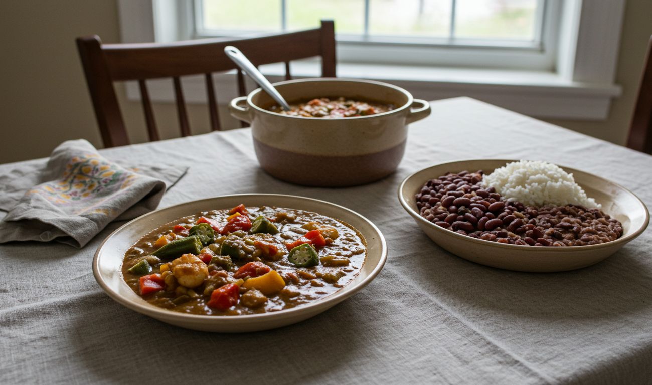 A table with vegan New Orleans gumbo and vegan red beans and rice.