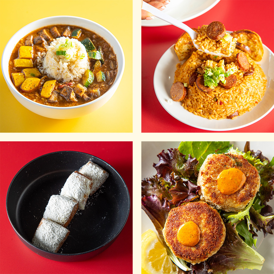collage of gumbo, jambalaya, vegan beignets, and vegan crab cakes from Meals From the Heart Cafe in New Orleans