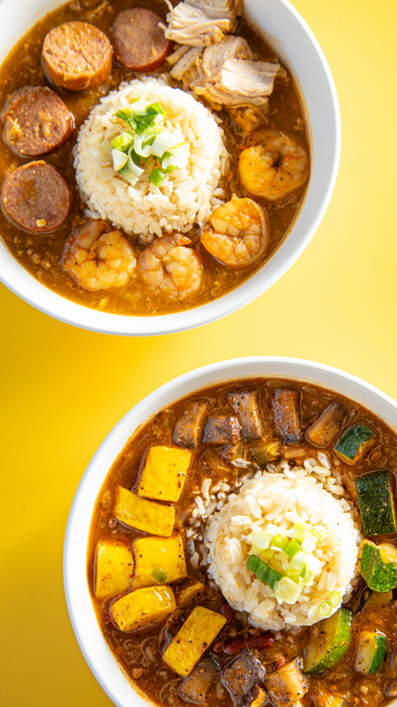 Vegan gumbo and traditional gumbo from Meals From The Heart Cafe in New Orleans