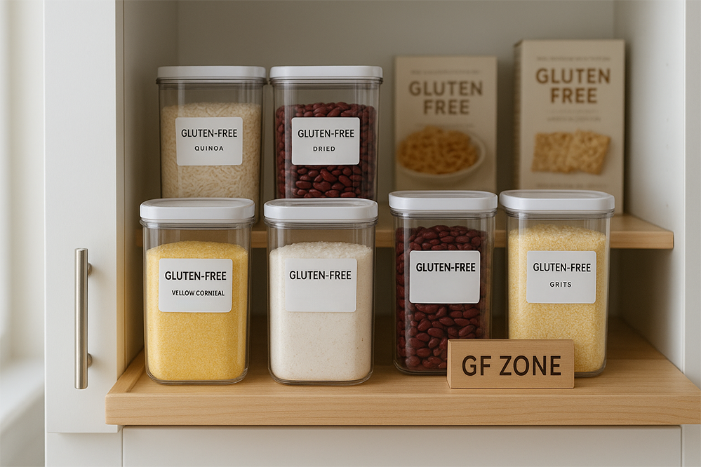 A kitchen pantry filled with gluten-free foods.