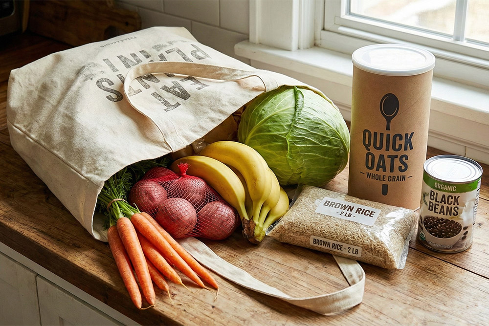 A reusable canvas grocery bag filled with budget-friendly vegan foods.