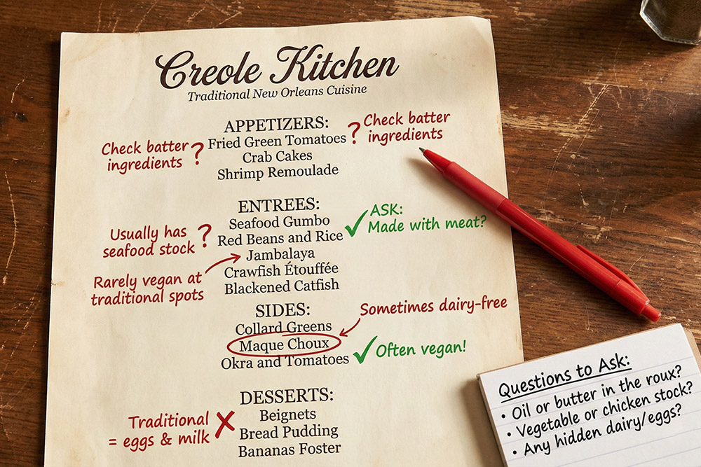 Checking a traditional New Orleans restaurant menu for non-vegan items and ingredients.
