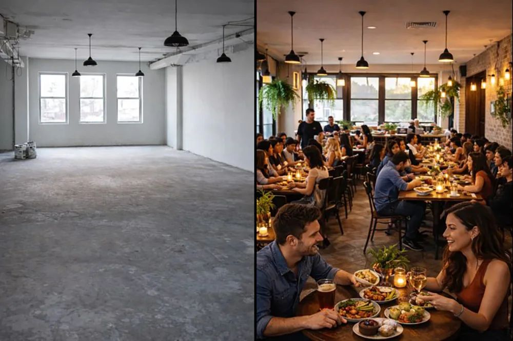 An empty commercial restaurant space transformed into a vibrant, bustling vegan restaurant.