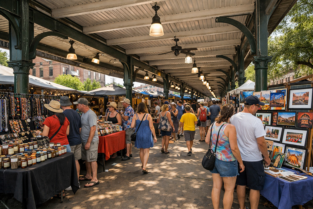 Shoppers browsing in the New Orleans French Market.