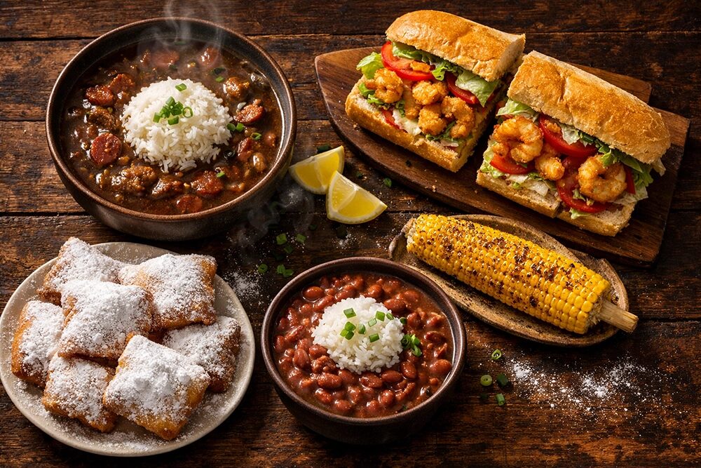A table full of iconic New Orleans dishes.