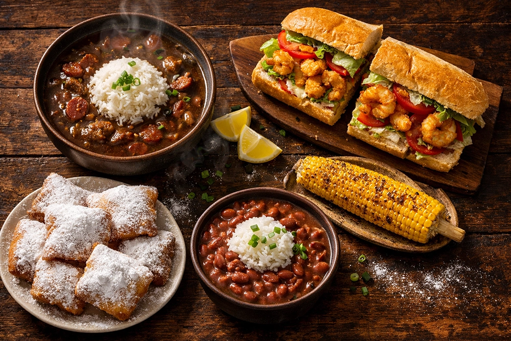 A table full of iconic New Orleans dishes.
