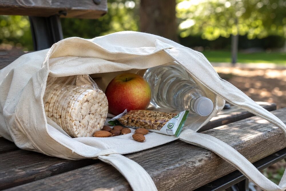 A tote bag filled with gluten-free snacks.