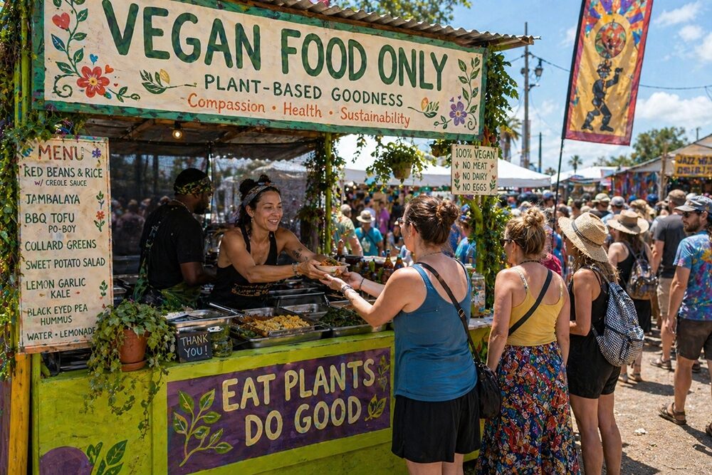 A vegan food booth at Jazz Fest.